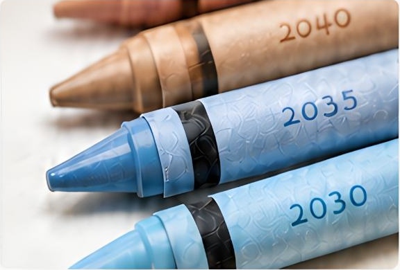 2030, 2035, 2040년의 크레용 색 변화를 보여주는 콘셉트 이미지