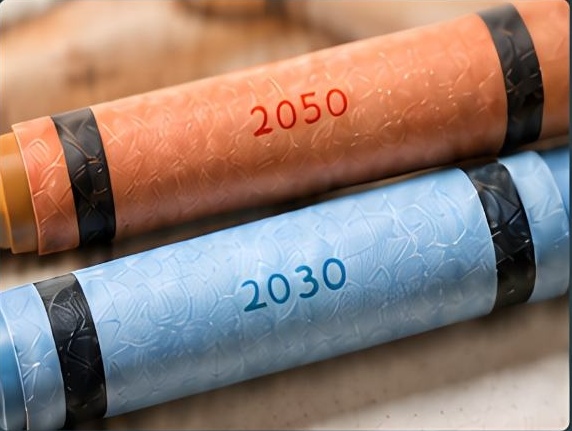 황토색 2050년 크레용과 하늘색 2030년 크레용의 대비