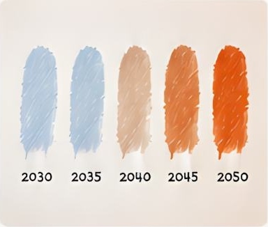 2030년부터 2050년까지 하늘색이 황토색으로 변하는 다섯 단계 색상 연구