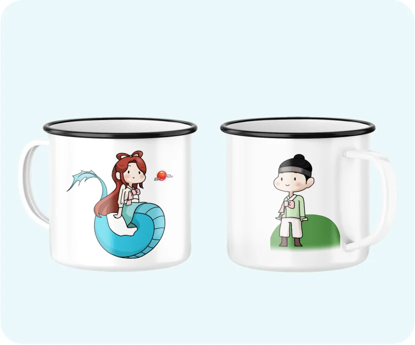 목련이와 해송이를 각각 인쇄한 캐릭터 머그 두 개